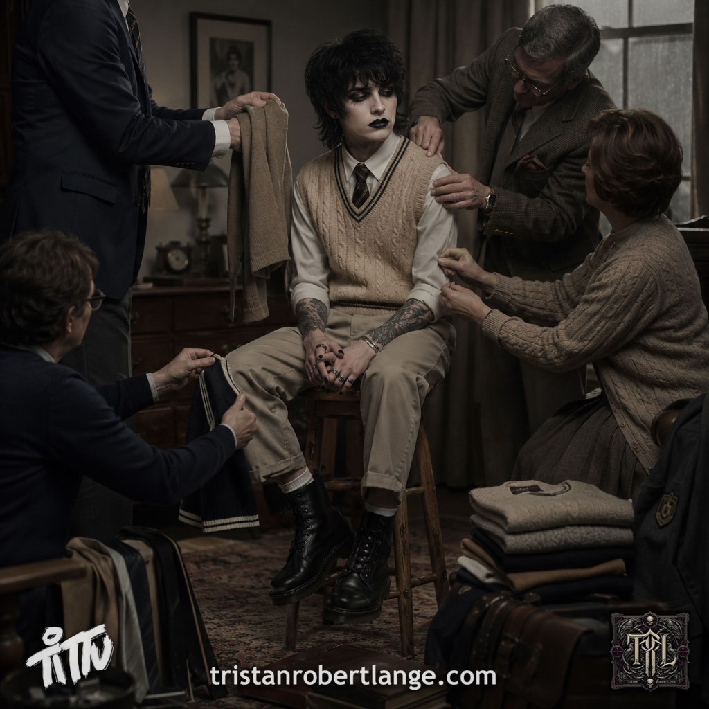 A pale goth figure with black makeup, black fingernails, tattoos, and Doc Martens sits stiffly on a wooden stool while several older preppy adults surround them, adjusting beige clothing and accessories to make them appear more socially acceptable. The atmosphere is emotionally suffocating and cinematic.
