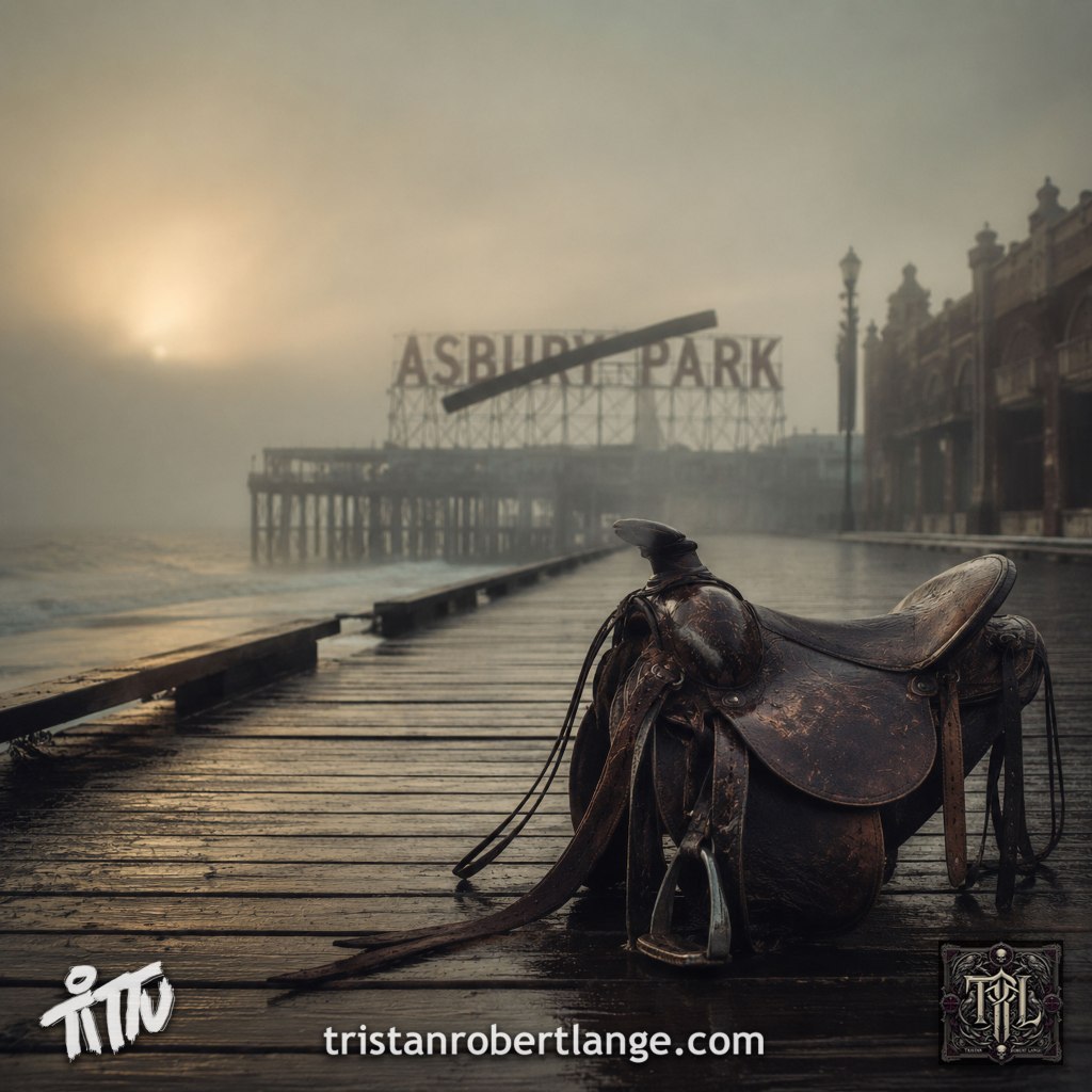 Foggy dawn on the Asbury Park boardwalk. A weathered nineteenth-century horse saddle sits abandoned on wet wooden planks in the foreground. In the distance, the ASBURY PARK sign is partially obscured by fog and crossed by a single dark slash. Moody coastal atmosphere with no text overlay.