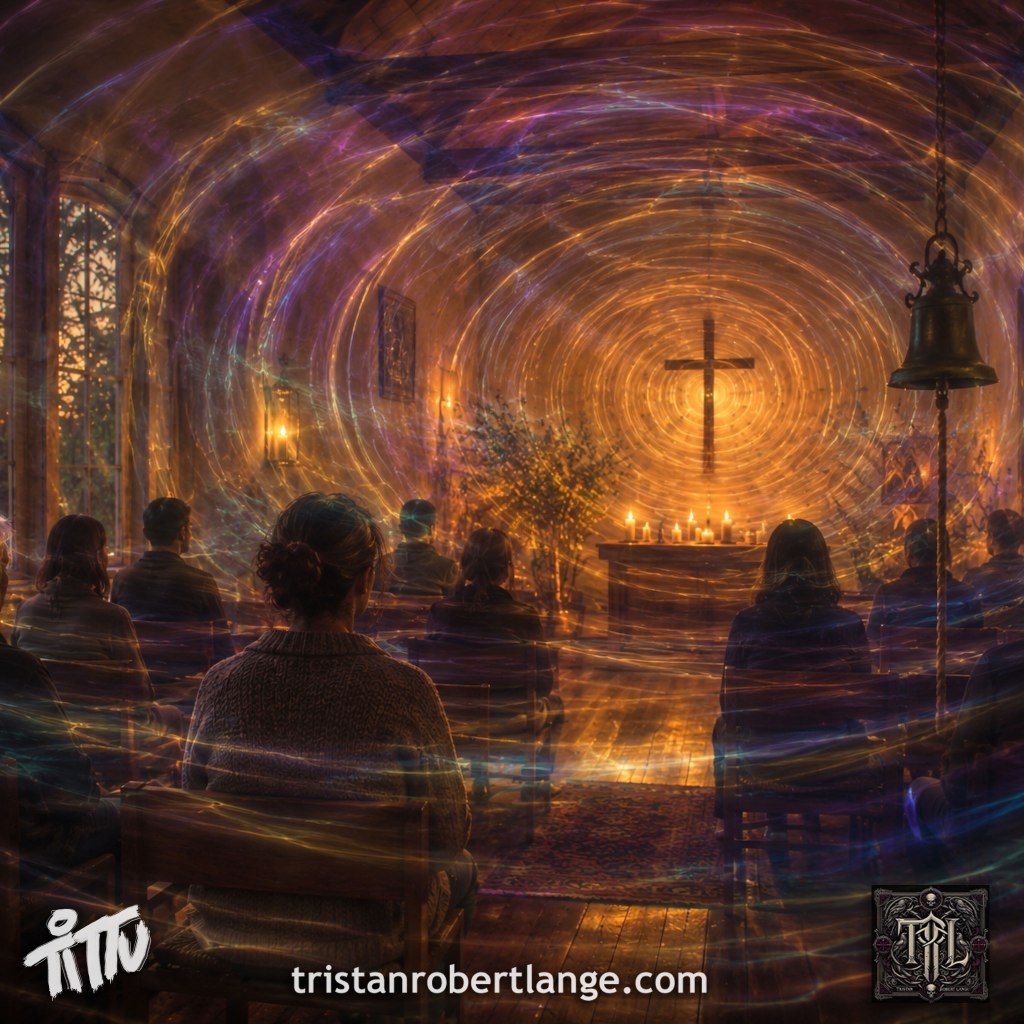 A dim chapel or meditation hall at dusk filled with seated people in silent contemplation. Golden, purple, and blue concentric aura-like sonic rings ripple throughout the room and across the people themselves, as if the entire space is immersed in visible resonance. Candles glow beneath a cross at the front while a hanging bell appears on the right side. The atmosphere feels sacred, contemplative, and gently psychedelic. Tristan Robert Lange branding appears at the bottom.