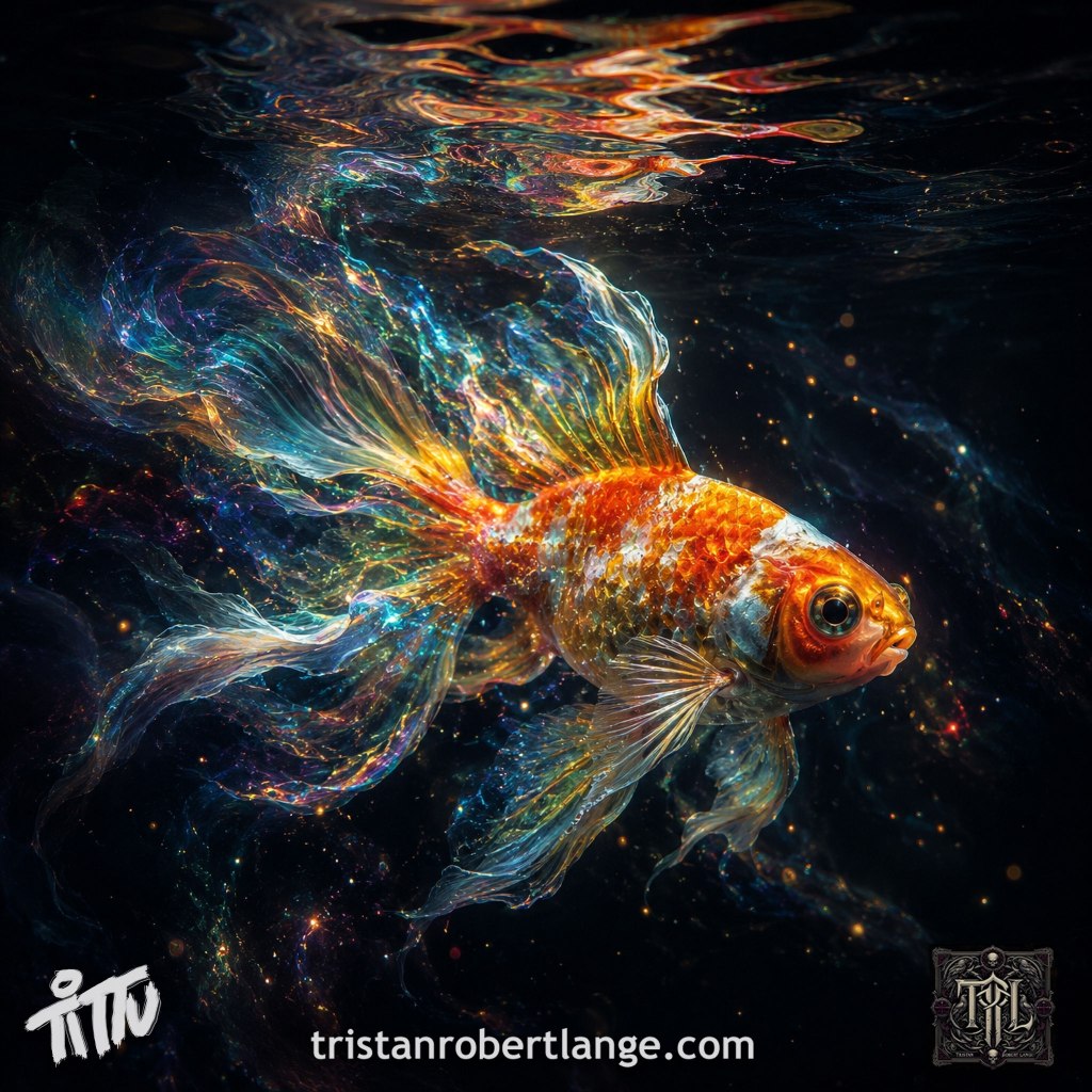 A luminous psychedelic goldfish swims through deep black-blue water filled with glowing cosmic particles and swirling rainbow reflections. Its flowing translucent fins trail like liquid nebulae or smoke made of light. The fish glows with orange, gold, blue, and iridescent hues, creating a surreal atmosphere that feels both melancholic and hopeful. White “Tittu” branding appears in the lower left corner, with “tristanrobertlange.com” centered at the bottom and a gothic TRL crest in the lower right.