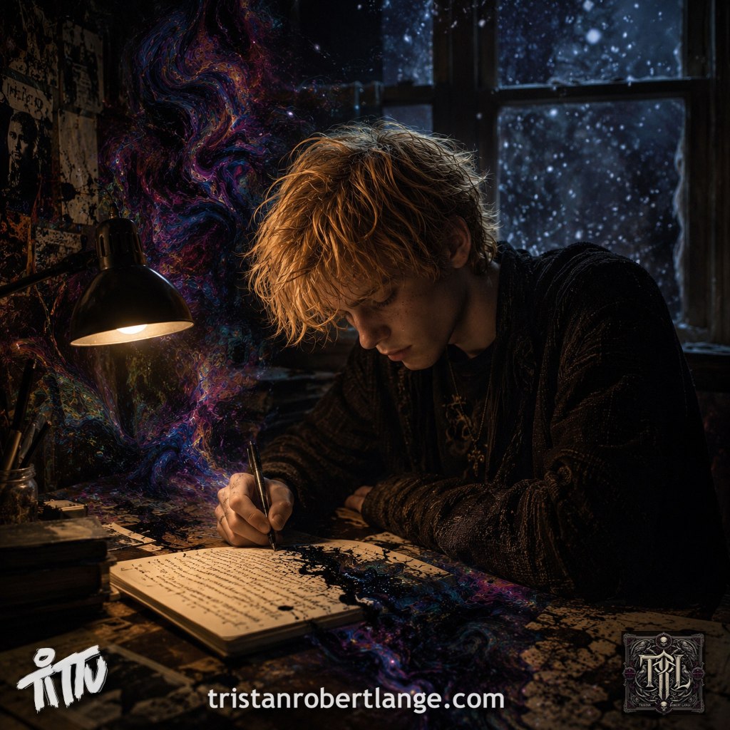 A cinematic image of a strawberry blond teenage boy writing poetry alone at a desk late at night while snow falls outside a dark window. A warm desk lamp illuminates his tired face and notebook while swirling psychedelic cosmic colors emerge around the ink and shadows of the room. The atmosphere is melancholic, introspective, and dreamlike. White “Tittu” branding appears in the lower left corner, with “tristanrobertlange.com” centered at the bottom and a gothic TRL crest in the lower right.