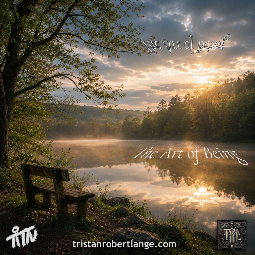 A tranquil lakeside scene at sunrise with mist rising from calm water surrounded by forested hills. A weathered wooden bench sits beneath leafy spring branches along the shoreline as warm golden light breaks through clouds and reflects across the lake. The handwritten title “The Art of Being” appears over the image in soft white script.
