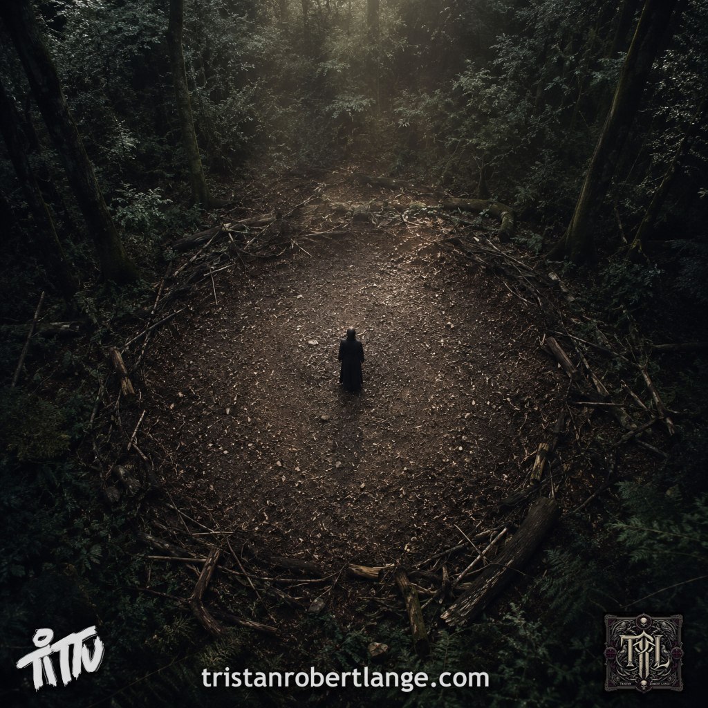 A cinematic overhead image of a circular forest clearing surrounded by pushed-back branches and debris deep in dense woods. A solitary dark-clad figure stands in the center beneath shafts of muted light. Logos appear at the bottom corners with the website tristanrobertlange.com centered below.