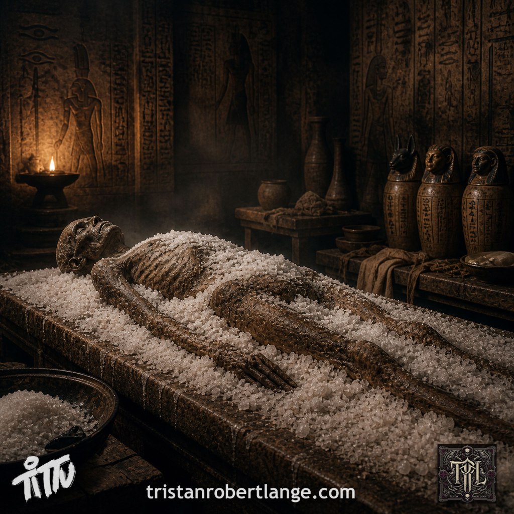 A cinematic depiction of a preserved body in an Egyptian burial chamber, surrounded by salt and ritual objects under warm, low lighting. The scene is still and solemn, emphasizing preservation rather than decay.