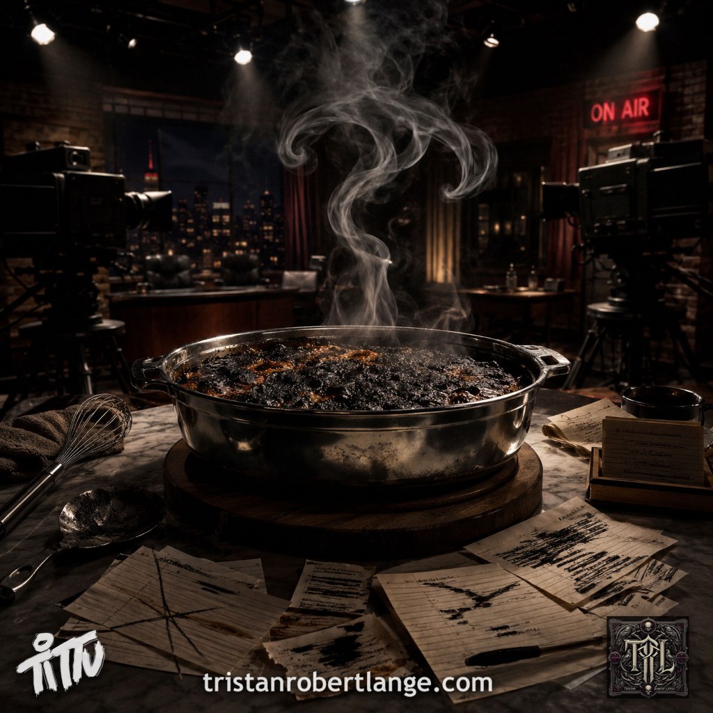 A hyper-realistic cinematic late-night television studio kitchen sits in deep shadow beneath harsh overhead lighting. At the center, a scorched black casserole dish smolders on a metal counter while smoke curls upward through the frame. Vintage broadcast cameras loom nearby beside scattered recipe cards with crossed-out text and blurred headlines. A glowing red ON AIR sign burns in the background, creating an atmosphere of satire, suppression, and media spectacle.