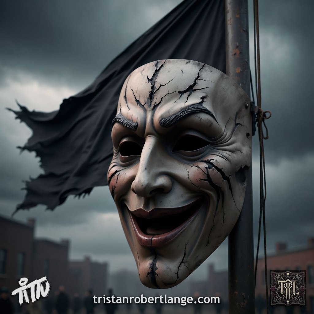 Square image featuring a cracked smiling theatrical mask hanging from a dark flagpole before a torn black banner beneath storm-gray skies. The smile appears warm at first glance but is fractured throughout, creating an unsettling atmosphere. Tristan Robert Lange branding appears at the bottom.