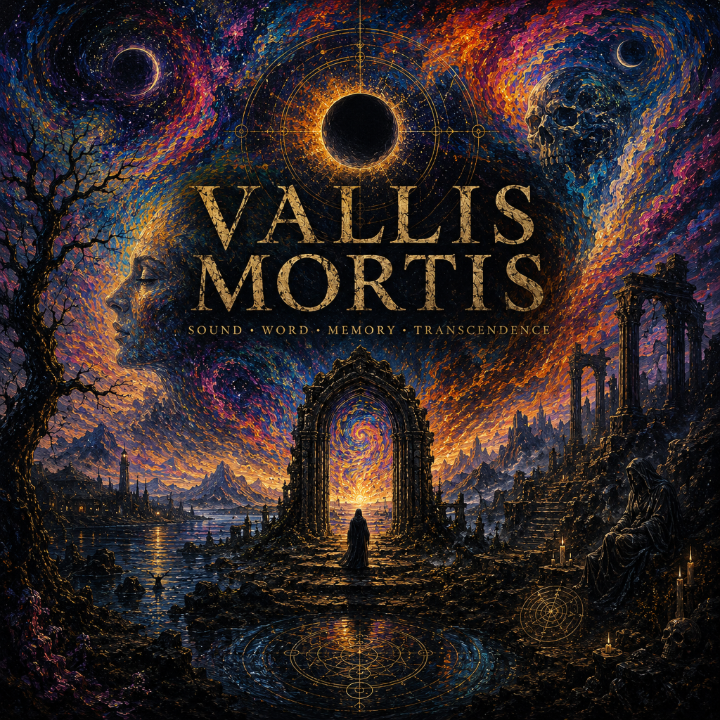A surreal psychedelic-gothic artwork for VALLIS MORTIS featuring a cosmic eclipse suspended above a dreamlike landscape. Swirling galaxies of violet, gold, orange, and deep blue surround a lone cloaked figure standing before a glowing threshold. Ancient ruins, dark waters, skeletal trees, and painterly celestial forms merge into an immersive existential dreamscape. The title “VALLIS MORTIS” appears in distressed gold serif typography across the center.