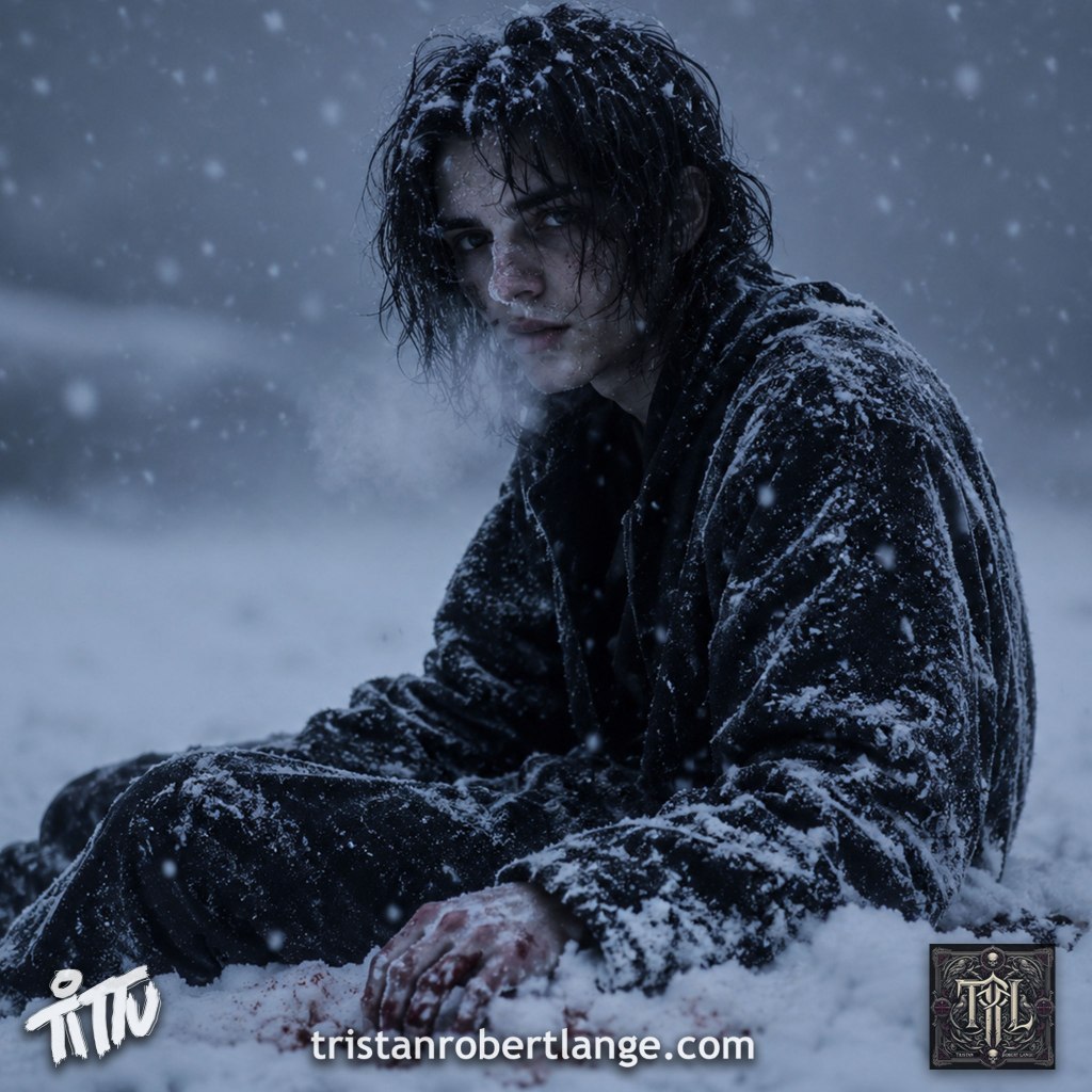 A cinematic winter portrait of a solitary young person partially buried in snow beneath a dim gray sky. Frost clings to their clothing and hair while snow falls heavily around them. Overlay text contains an excerpt from the poem “Frozen Solid,” describing freezing discomfort and isolation within a blur of white surroundings.