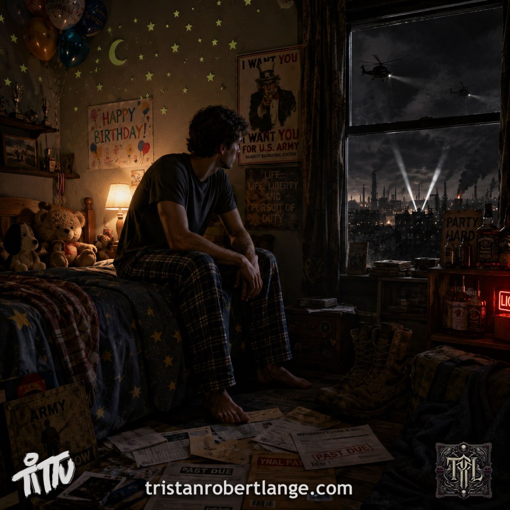 A cinematic bedroom scene shows a young man sitting on his bed at night, staring toward a dark industrial city outside his window. The room mixes childhood innocence with looming adulthood: stuffed animals, birthday decorations, military posters, bills, combat boots, and liquor bottles surround him. The atmosphere is moody and unsettling, symbolizing the pressure and contradictions of becoming an adult.