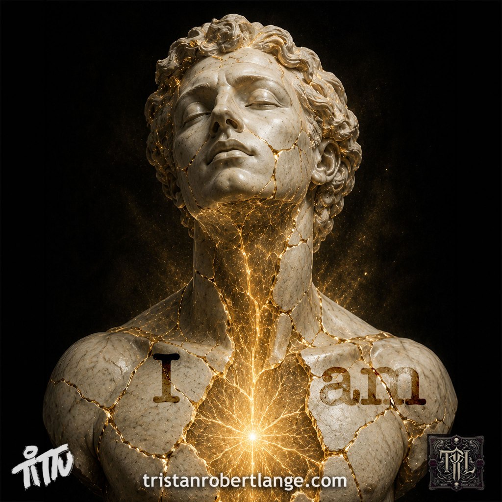 A square cinematic image of a marble bust illuminated by glowing golden cracks and radiant internal light against a black background. The figure appears restored rather than shattered. The words “I am” appear faintly across the chest area. The atmosphere is philosophical, existential, and contemplative.