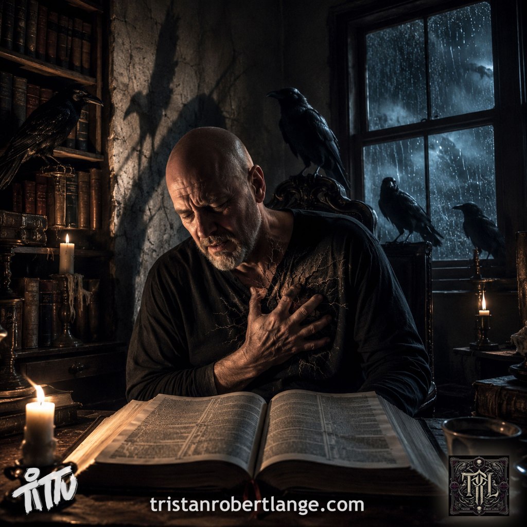 A bald man sits in a dim candlelit gothic study clutching his chest over an open Bible while ravens perch around the room during a stormy night. The atmosphere is dark, cinematic, and haunted, with cracked walls, candlelight, and rain-streaked windows creating the feeling of spiritual and psychological collapse.