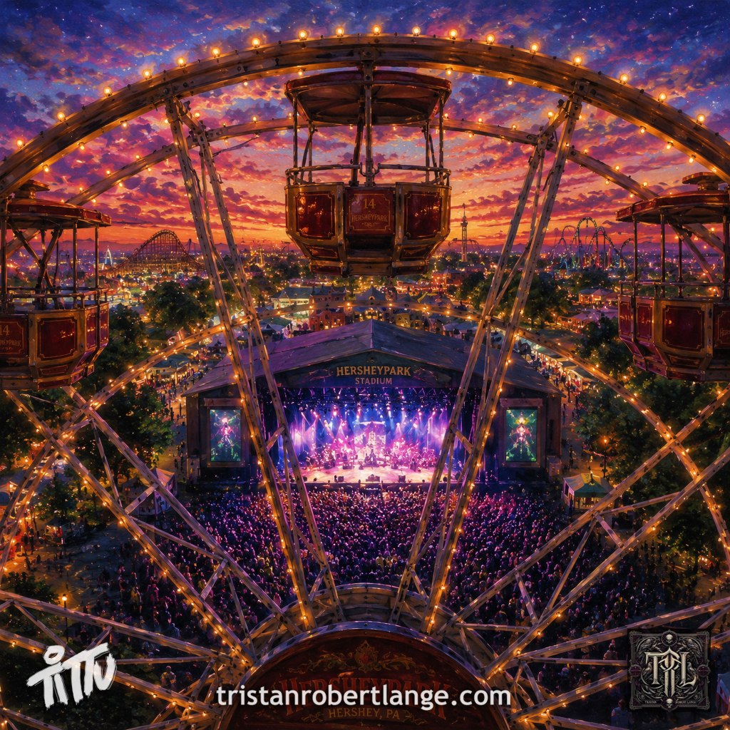 A dreamlike sunset view from a Ferris wheel overlooking a packed concert venue at Hershey Park. The glowing wheel frames the brightly lit stage below while carnival lights stretch into the distance. The image includes Tristan Robert Lange’s Tittu signature, website address, and monogram emblem.