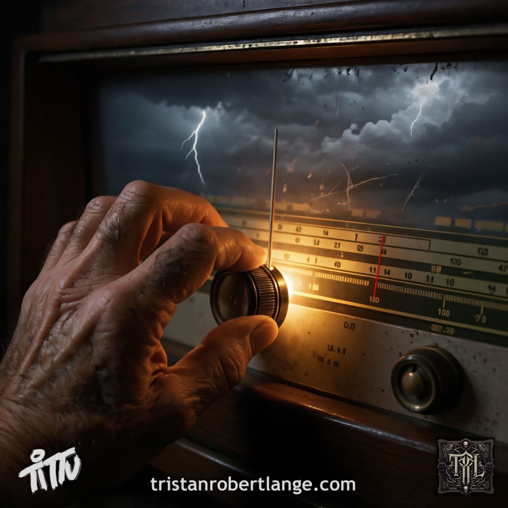 A vintage radio fills the frame as a hand turns a glowing tuning dial upward. Through the radio’s glass, dark storm clouds and lightning gather. Text on the image reads: “this is going to hurt / for a while.” Additional text identifies the poem as part of The Rutted Road collection and notes it is from “bracing time” by Tristan Robert Lange.