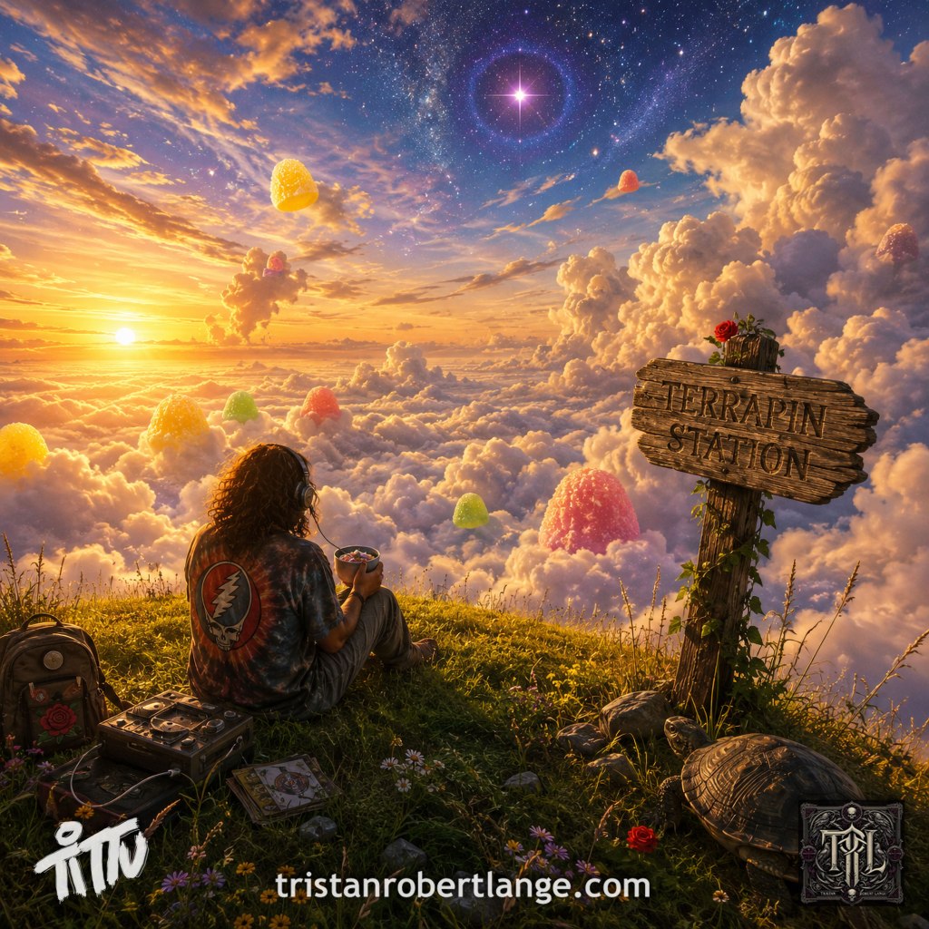 A surreal sunset above an ocean of clouds. A seated listener enjoys a peaceful moment near a wooden Terrapin Station sign while colorful candy-like shapes drift through the sky beneath a radiant star. The scene evokes Grateful Dead-inspired whimsy and wonder.
