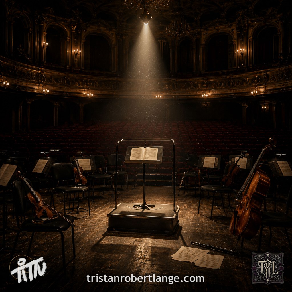 Square image showing an empty orchestra stage inside a grand concert hall. A spotlight shines onto an abandoned conductor’s podium surrounded by silent instruments and empty chairs. The auditorium fades into darkness. Tristan Robert Lange branding and website appear along the bottom edge.