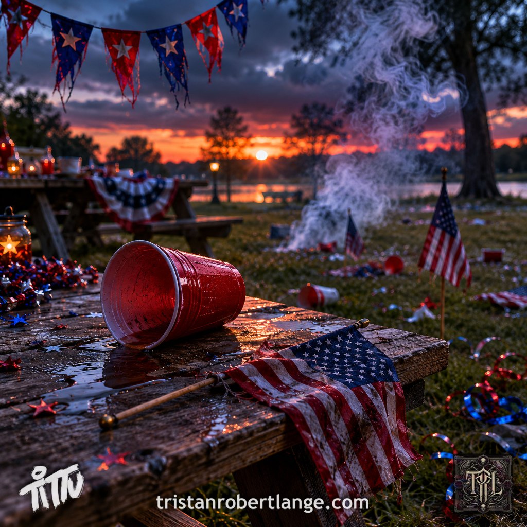 Photorealistic image of an abandoned Fourth of July celebration at sunset. A tipped red plastic cup sits on a wet wooden picnic table beside a fallen American flag. Smoke rises in the background among scattered decorations and small flags. Patriotic bunting hangs overhead. The image includes Tristan Robert Lange branding and website information.