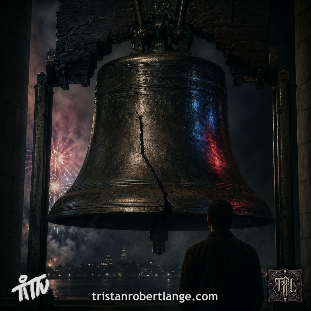 A cinematic dark image of a massive cracked Liberty Bell hanging in shadow with distant fireworks behind it. A lone figure stands beneath the bell facing away from the viewer. The mood is solemn and reflective with faint red, white, and blue reflections across the metal surface. Gothic Americana atmosphere.