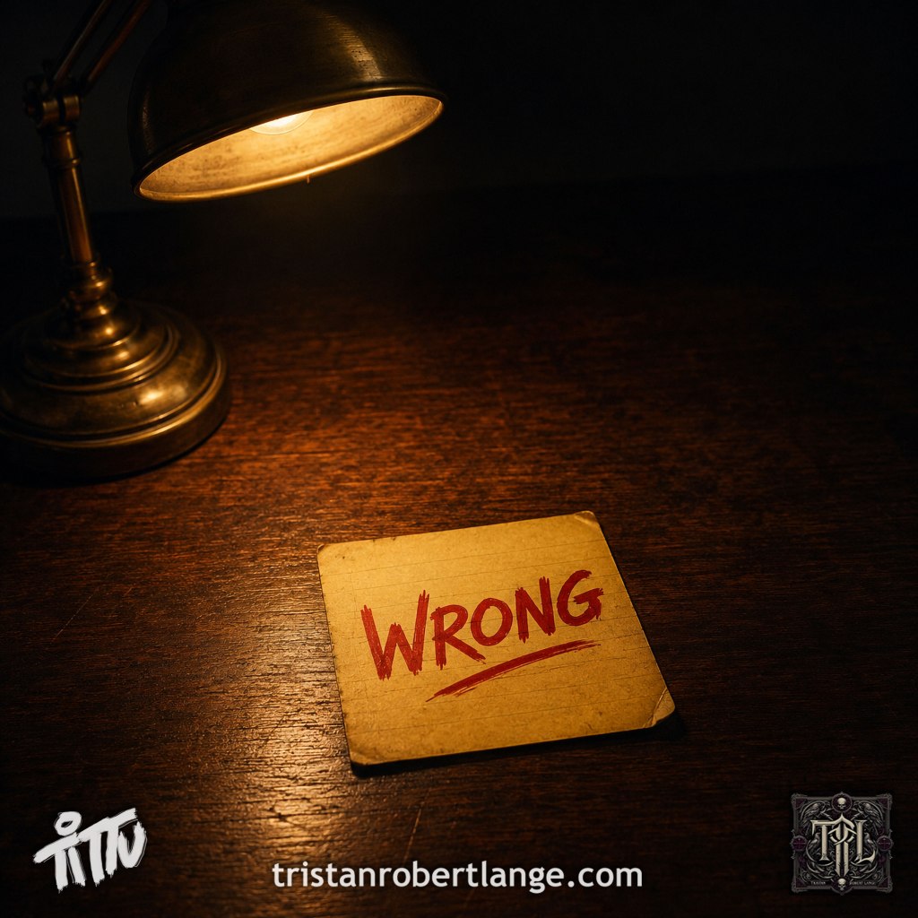 A dark wooden desk illuminated by a warm brass lamp. At the center sits an aged yellow memo note with the word “WRONG” written across it in thick red marker. The surrounding desk fades into shadow, creating a quiet, introspective atmosphere. Tristan Robert Lange branding appears along the bottom.