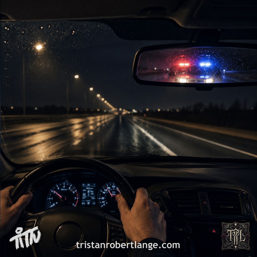 View from inside a car driving down a wet nighttime highway. The driver's hands are on the wheel while police lights appear in the rearview mirror. The road ahead is nearly empty. The author's logo and website appear at the bottom of the image.
