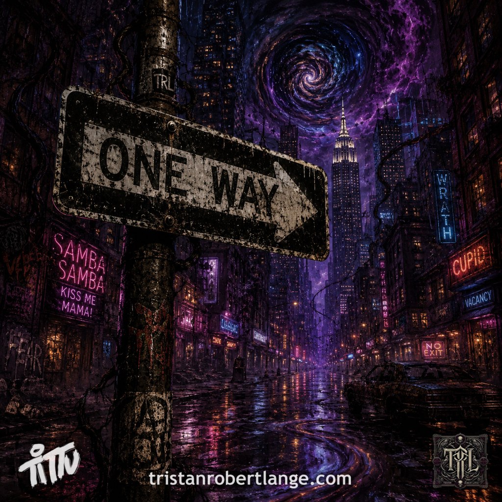 A weathered ONE WAY street sign dominates a rain-soaked psychedelic dystopian city beneath a swirling purple sky. The poem title "One Way St." appears at the top with branding below. The image symbolizes one-sided relationships and communication.