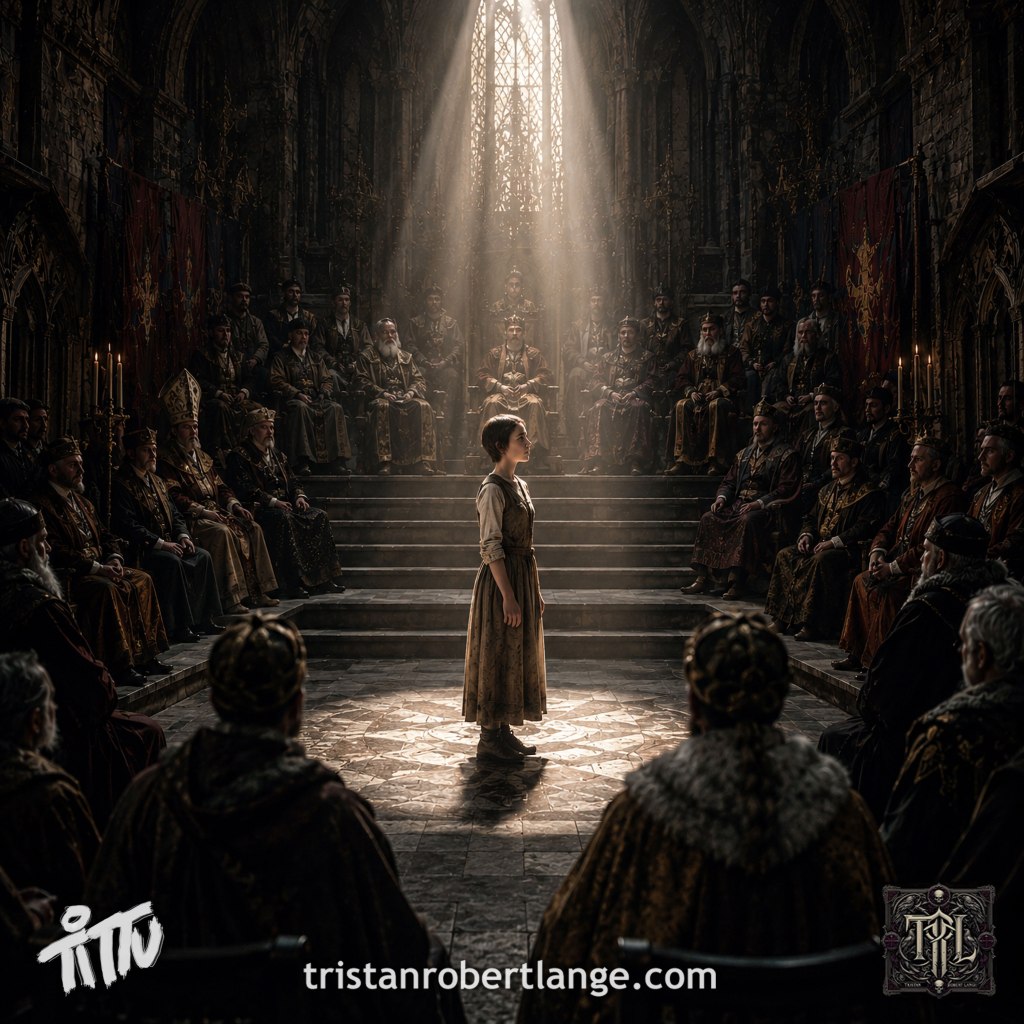 A cinematic gothic medieval throne room. A young woman with short hair stands alone beneath a shaft of light while nobles, bishops, judges, and courtiers surround her in shadow. The image contains no snippet text. Branding for Tristan Robert Lange appears at the bottom.