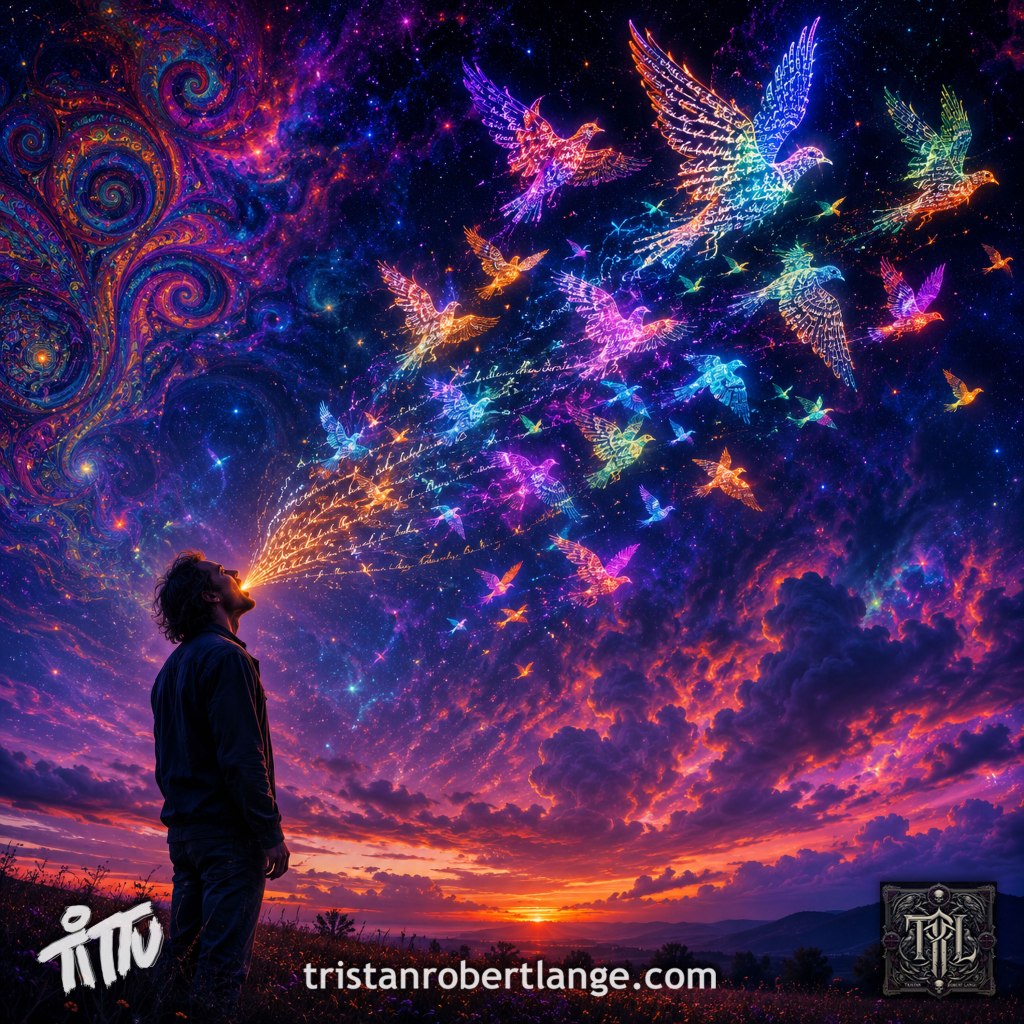 Psychedelic cosmic landscape at sunset featuring a solitary figure standing in a field while luminous birds made of glowing handwritten words fly from their mouth into a swirling galaxy-colored sky. The image is labeled as part of The Mind’s Maze Collection and references the poem “speech pattern” by Tristan Robert Lange.