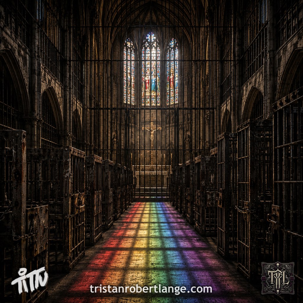 A dark Gothic cathedral has been transformed into a prison, with rows of iron-barred cells replacing pews. A rainbow beam of stained-glass light stretches down the center aisle toward a gated altar and crucifix. The image contains no overlaid poem text. Tristan Robert Lange branding appears at the bottom.