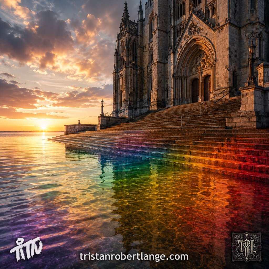 A photorealistic Gothic cathedral stands beside calm water at sunrise. A rainbow-colored tide laps gently against the stone steps leading to the church. Golden light reflects across the water while the cathedral remains untouched and standing. The Tittu logo appears in the lower left corner, the Tristan Robert Lange monogram in the lower right, and tristanrobertlange.com appears at the bottom center.
