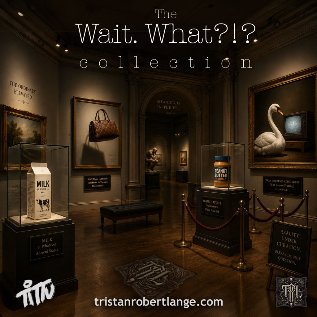 Collection page image for Wait. What?!?!. Inside a grand museum gallery, a carton of milk, a jar of peanut butter, and a swan watching a television are displayed as though they are priceless works of art. Spotlights illuminate each exhibit while museum placards provide absurd descriptions. The collection title, “THE WAIT. WHAT?!?! COLLECTION,” appears at the top. Tristan Robert Lange’s monogram is embedded into the floor as a museum seal, with tristanrobertlange.com displayed beneath.