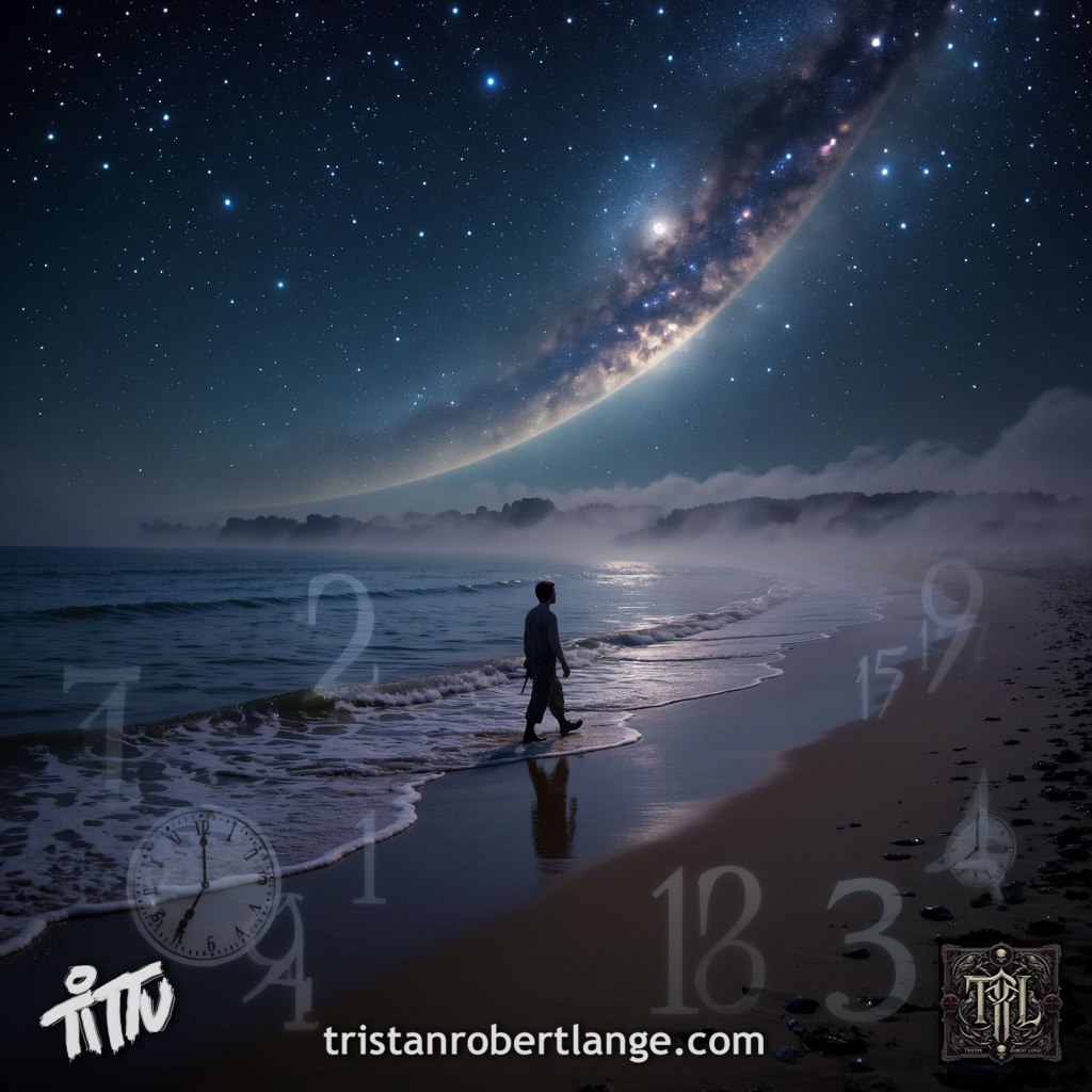 A lone figure walks along a moonlit shoreline beneath a vast star-filled sky and a sweeping celestial arc. Transparent clock faces and floating numbers drift across the scene, suggesting time dissolving into the dreamlike landscape. The image includes the author's website and logo.