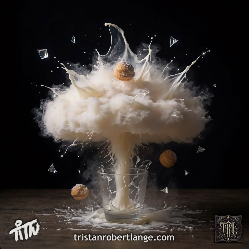 A surreal photograph of a glass of milk exploding into a towering mushroom-cloud shape against a black background. White milk splashes and mist radiate outward while floating cream puffs drift through the blast. Small glass fragments sparkle around the explosion. TRL logo and monogram appear at the bottom corners.