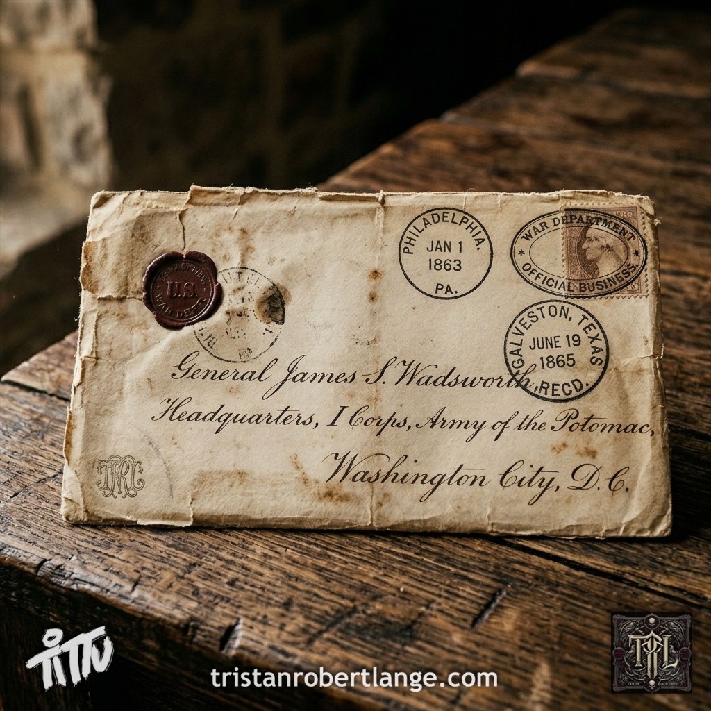 A weathered nineteenth-century envelope sits on a worn wooden table. Postal markings show January 1, 1863, and June 19, 1865, symbolizing the gap between emancipation and the arrival of freedom in Texas. Tristan Robert Lange’s monogram emblem appears in the lower corner.