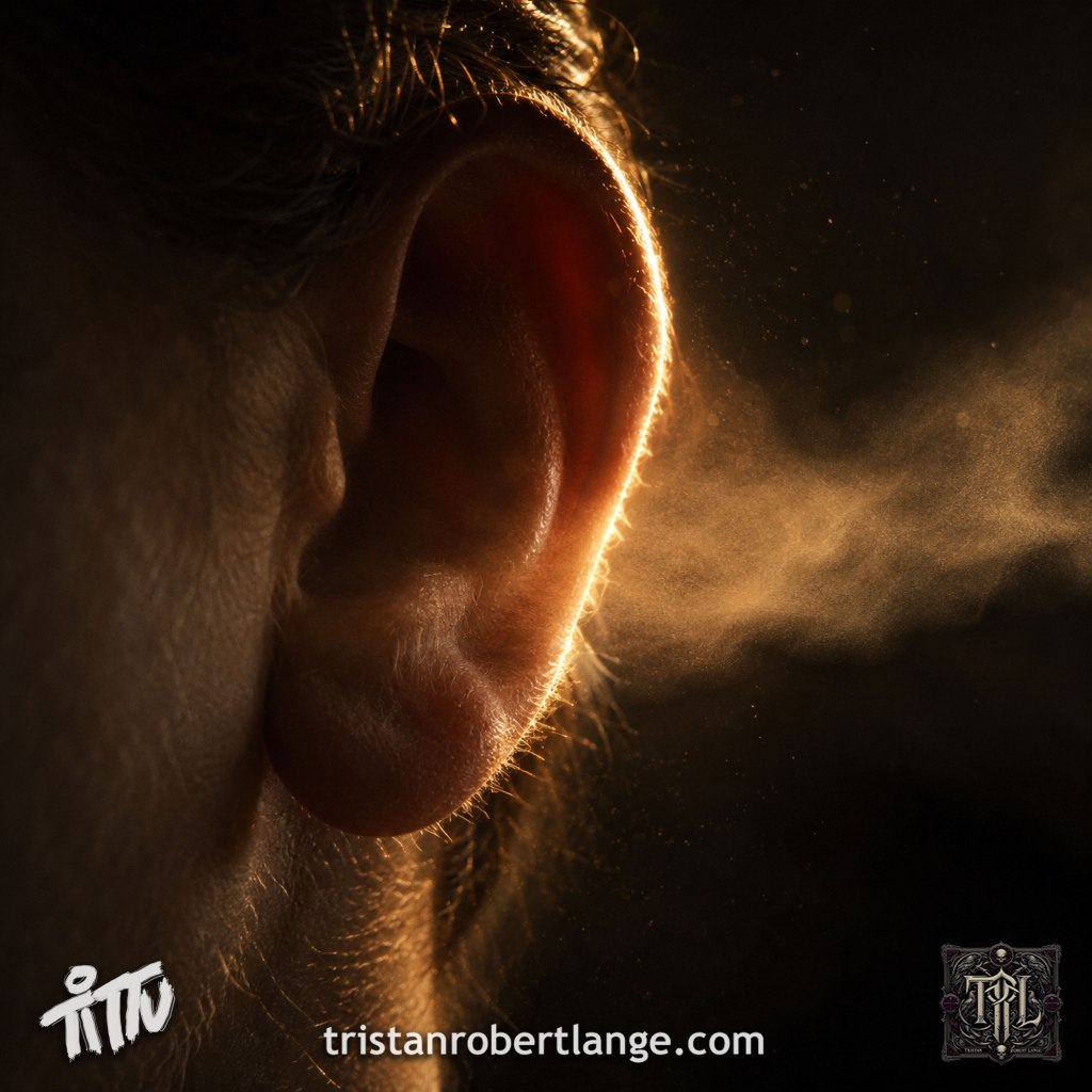 Close-up photograph of a human ear softly illuminated by warm golden light as another person's visible breath passes gently across it, creating a glowing halo effect. The mood is intimate, quiet, and anticipatory. Tristan Robert Lange branding appears at the bottom.