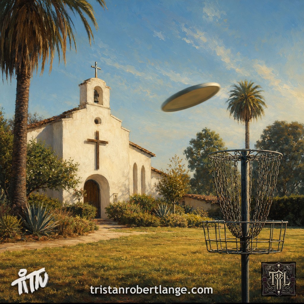 A sunny Southern California churchyard beneath a vivid blue sky, with palm trees, flowering shrubs, and a modest white church. A red flying disc sails past a metal disc-golf basket, symbolizing evangelistic certainty completely missing its intended moral target.