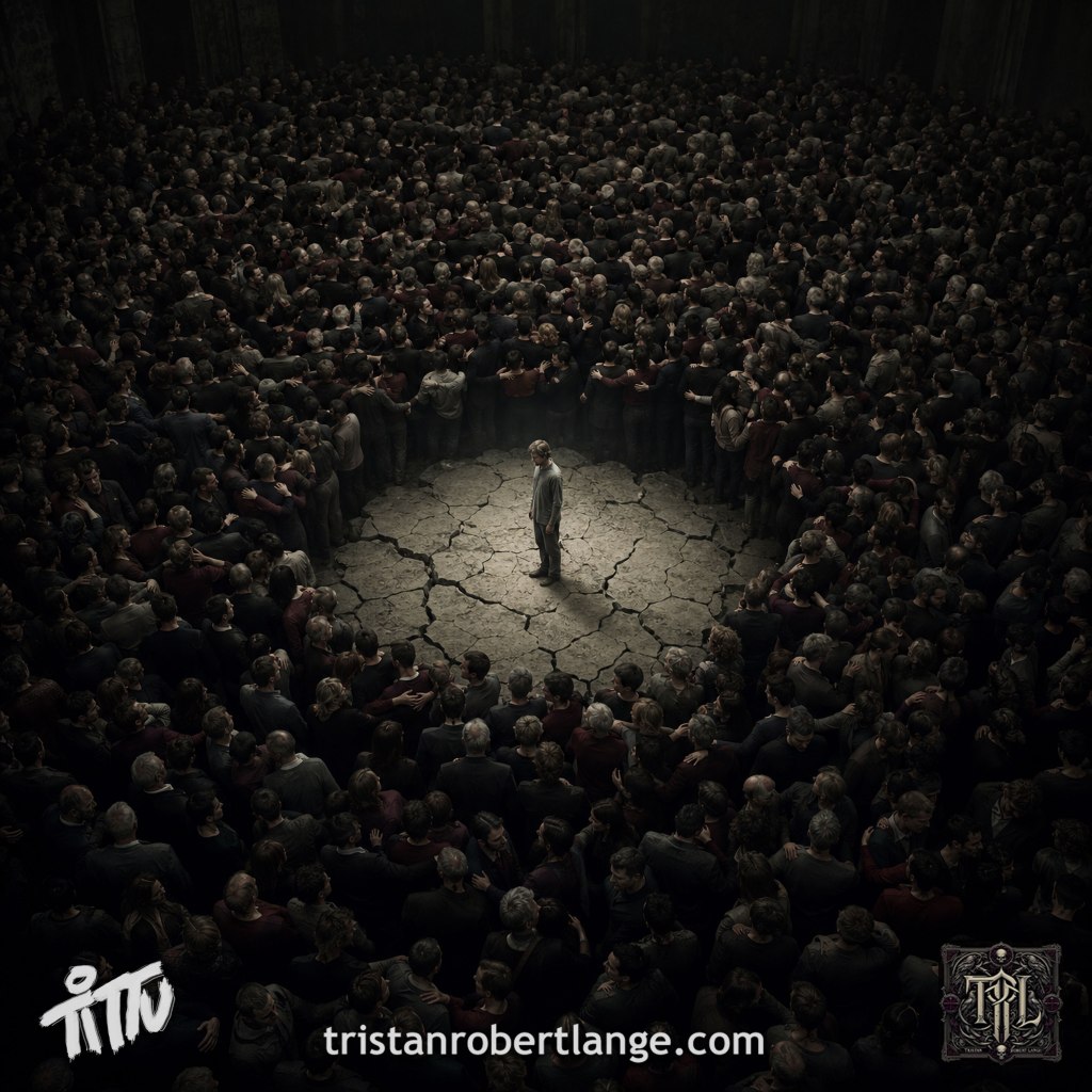 A dark, overhead view of a vast crowd gathered tightly together inside a shadowy space. At the center, a solitary man stands on an exposed circle of cracked earth, separated from everyone surrounding him. Tristan Robert Lange branding appears along the bottom.