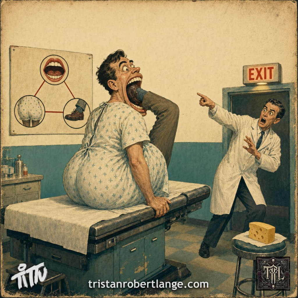Distressed vintage medical illustration of a fully clothed adult patient on an examination table with one shoe-covered foot lodged inside his enormous open mouth. His backside bulges comically beneath a hospital gown. A horrified doctor points toward an EXIT while a diagram links a mouth, backside, and foot. A wedge of cheese rests on a stool. The TRL mark, monogram, and tristanrobertlange.com appear below.