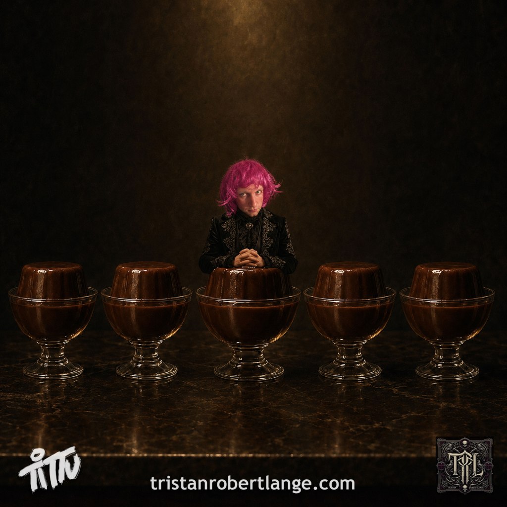 Five chocolate puddings in glass dessert dishes stand in a solemn row against a dark, smoky background. From the center pudding emerges Tristan, wearing a vivid magenta wig, makeup, and ornate black gothic clothing. He clasps his hands and stares forward with a deeply skeptical expression. Tittu and TRL branding and tristanrobertlange.com appear along the bottom.