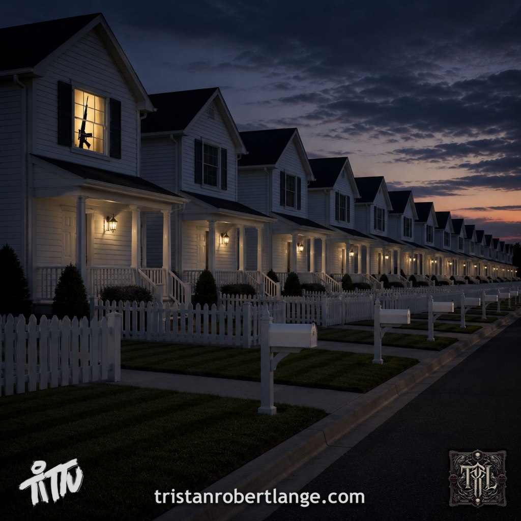 A twilight suburban neighborhood of identical white houses with white picket fences stretches into the distance. One upstairs window glows warmly, revealing the silhouette of a rifle. Tristan Robert Lange's monogram appears in the lower right and Tittu logo in the lower left. No text snippet appears on this version.