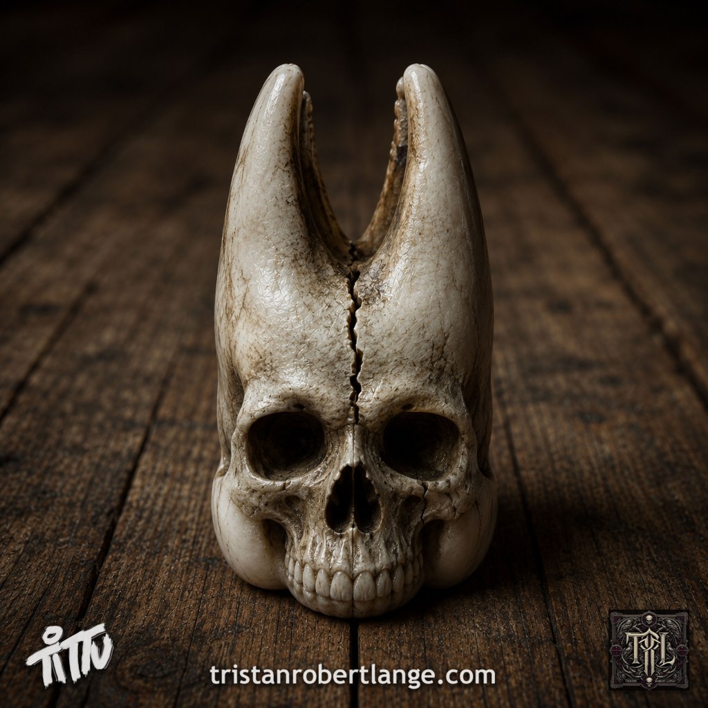 A hyper-realistic image of a cracked human molar standing upright on a worn wooden floor with its roots pointing upward. The front of the tooth forms a realistic human skull split by the same fracture running through the tooth. Warm dramatic lighting emphasizes the enamel, wood grain, and central crack. Tristan Robert Lange branding appears near the bottom.