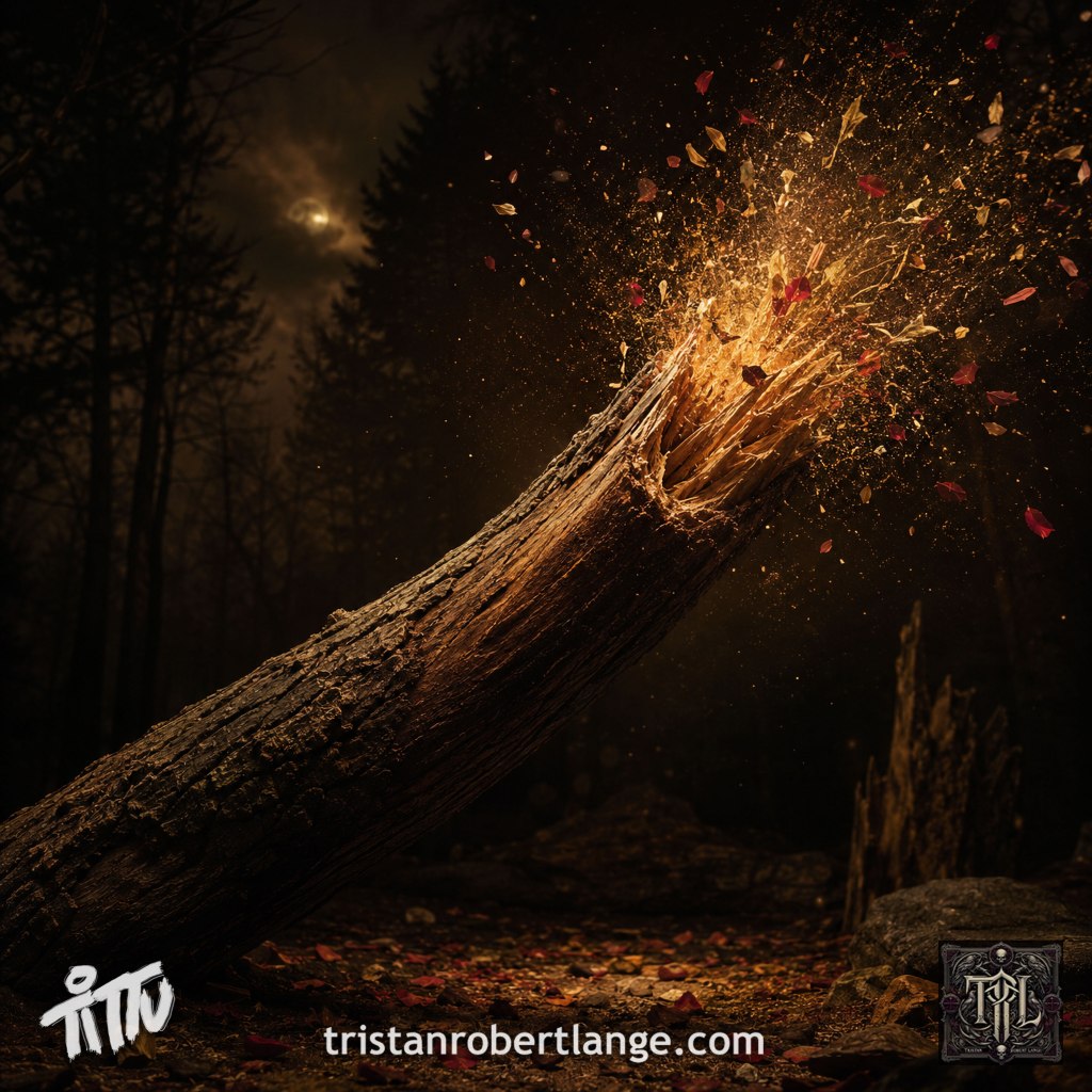 In a dark forest beneath a hazy moon, a thick, angled fallen tree violently splinters at its broken tip, erupting in golden sawdust, sparks, wood fragments, and scattered red petals. Warm light illuminates the explosive break against the shadowy woodland. The TRL signature, tristanrobertlange.com, and Tristan Robert Lange monogram appear along the bottom.