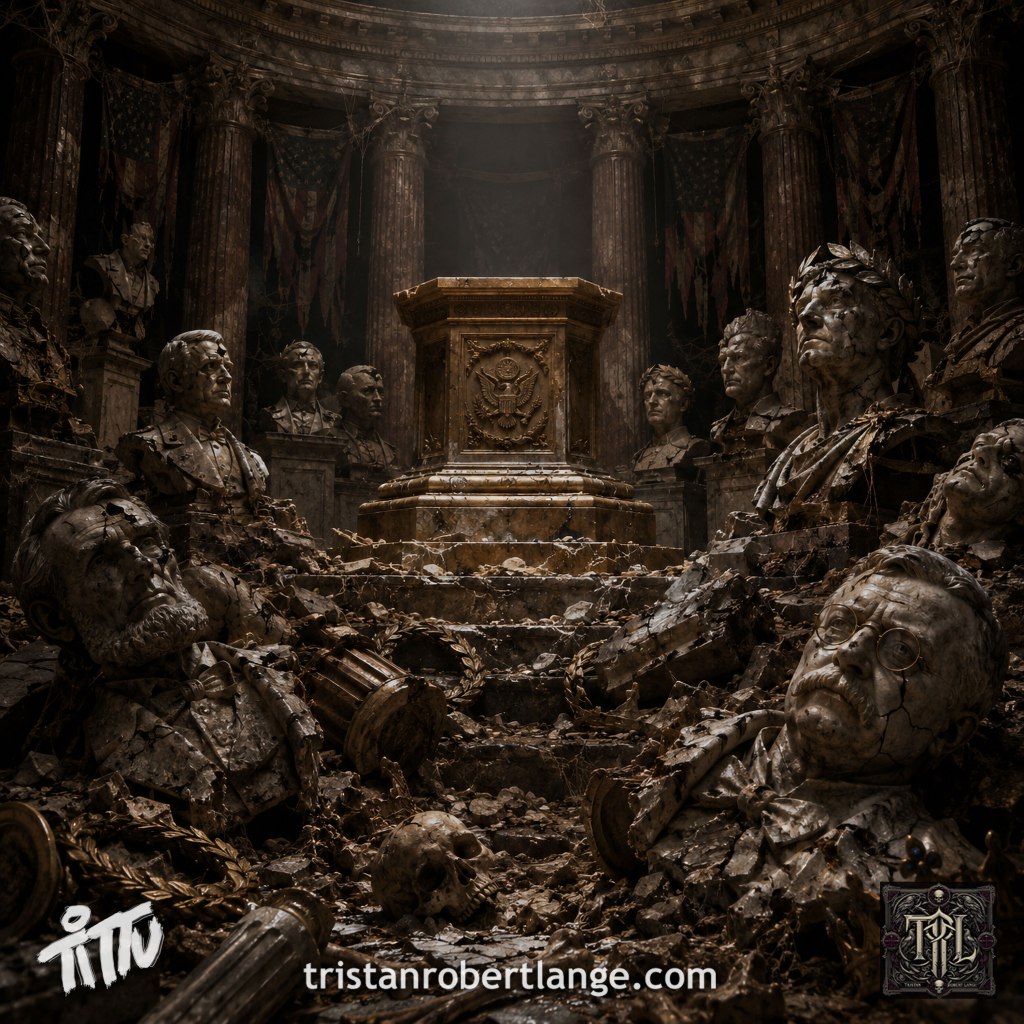 Square, dark photorealistic artwork of a decaying neoclassical presidential mausoleum. An empty eagle-emblazoned pedestal stands at the center, surrounded by cracked and fallen busts of political and imperial figures, broken columns, rubble, laurels, bones, and a human skull. Tristan Robert Lange branding and tristanrobertlange.com appear along the bottom.