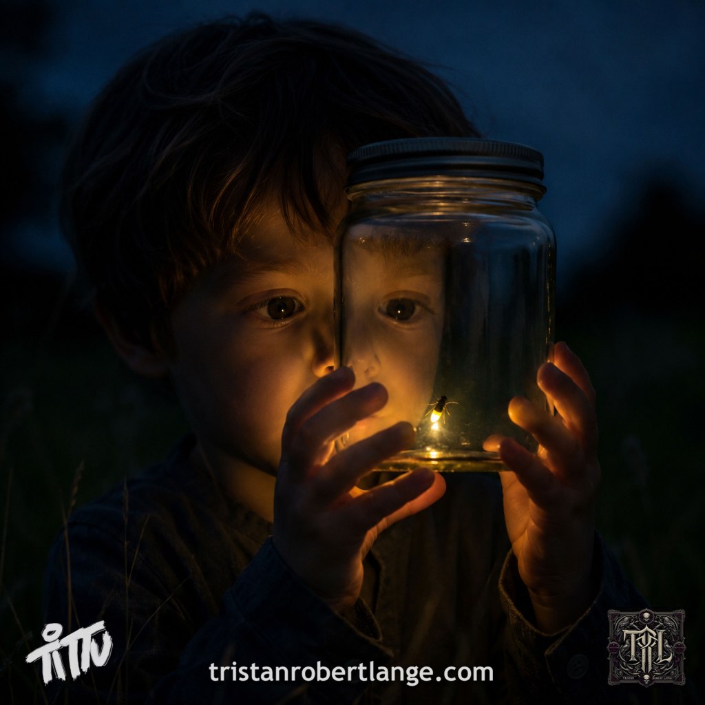 A wide-eyed child holds a glass jar containing a single glowing firefly. The firefly’s warm amber light illuminates the child’s face and hands against a dark blue night. Tittu branding, the TRL monogram, and tristanrobertlange.com appear along the bottom.