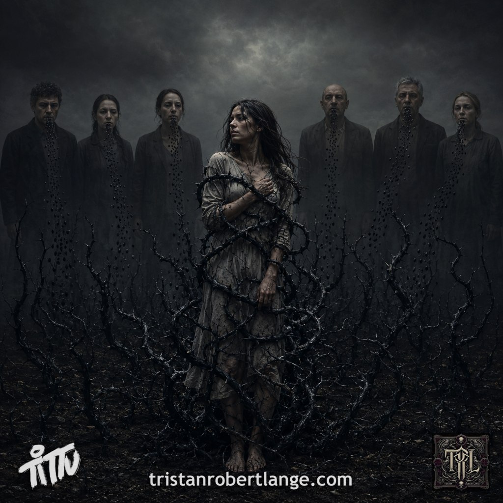 Dark surreal artwork showing a vulnerable woman trapped within thick black thorny weeds. Six silent witnesses, men and women, stand behind her with open eyes and closed mouths. Streams of black seeds fall from their mouths into the soil, where they grow into the weeds surrounding her. The Tittu signature, TRL monogram, and tristanrobertlange.com appear along the bottom.