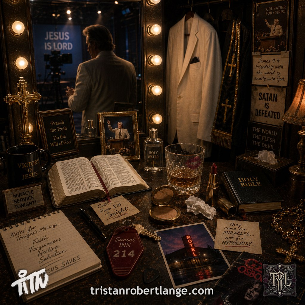 Square, dark cinematic image of an anonymous televangelist’s dressing-room vanity. A preacher in a white suit appears from behind in a lighted mirror beneath “JESUS IS LORD.” An open Bible, crosses, lipstick, a lipstick-marked glass, motel key, religious materials, an Ozzy Osbourne record, and other conflicting objects suggest public piety and private hypocrisy. Tittu and TRL logos and tristanrobertlange.com appear below.