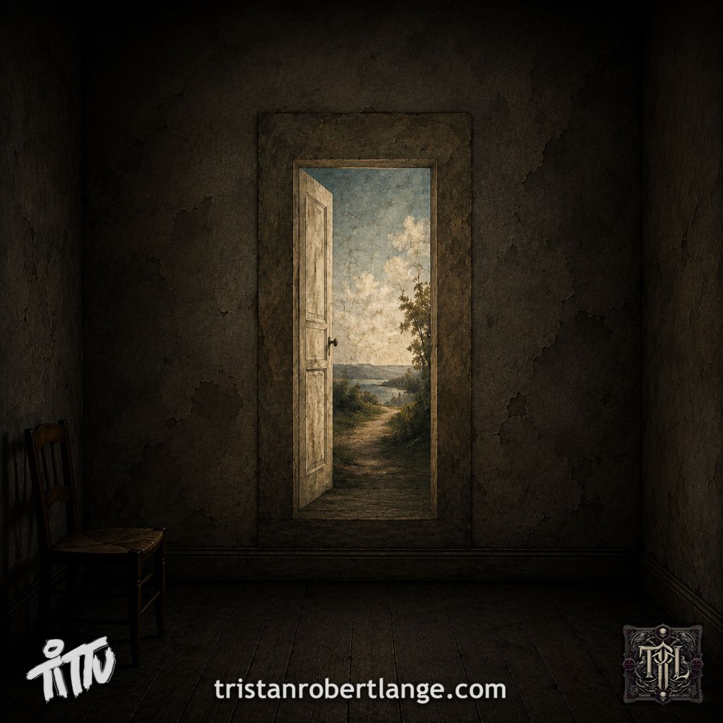 Square artwork showing a dark, decaying room with cracked walls, wooden floorboards, an empty chair, and what appears to be an open doorway revealing a bright countryside beyond. Tittu mark appears lower left, tristanrobertlange.com at bottom center, and TRL emblem lower right.