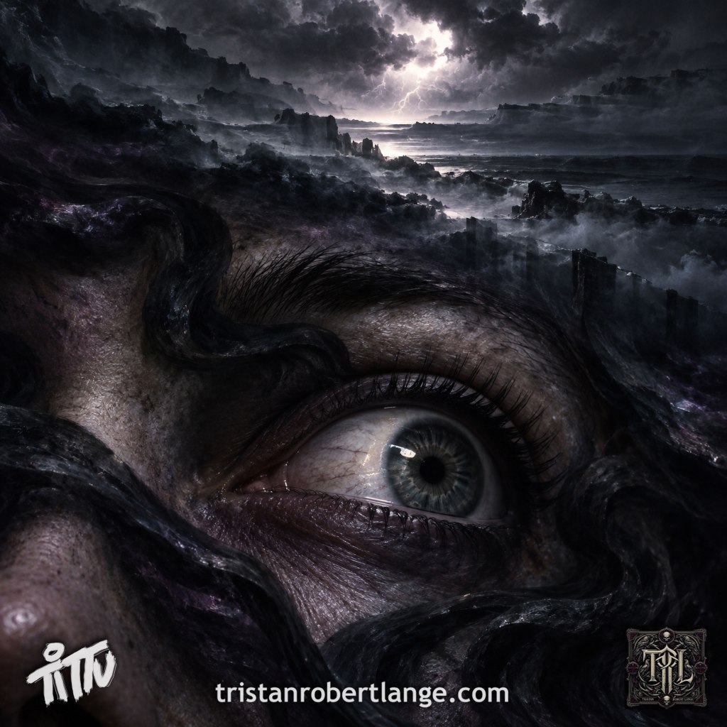 Aftershock (Poem): Dark surreal artwork showing one frightened gray eye surrounded by glossy black serpentine forms. A fractured storm landscape rises from the person’s brow beneath lightning and turbulent clouds. The Tittu signature, tristanrobertlange.com, and TRL monogram appear along the bottom.