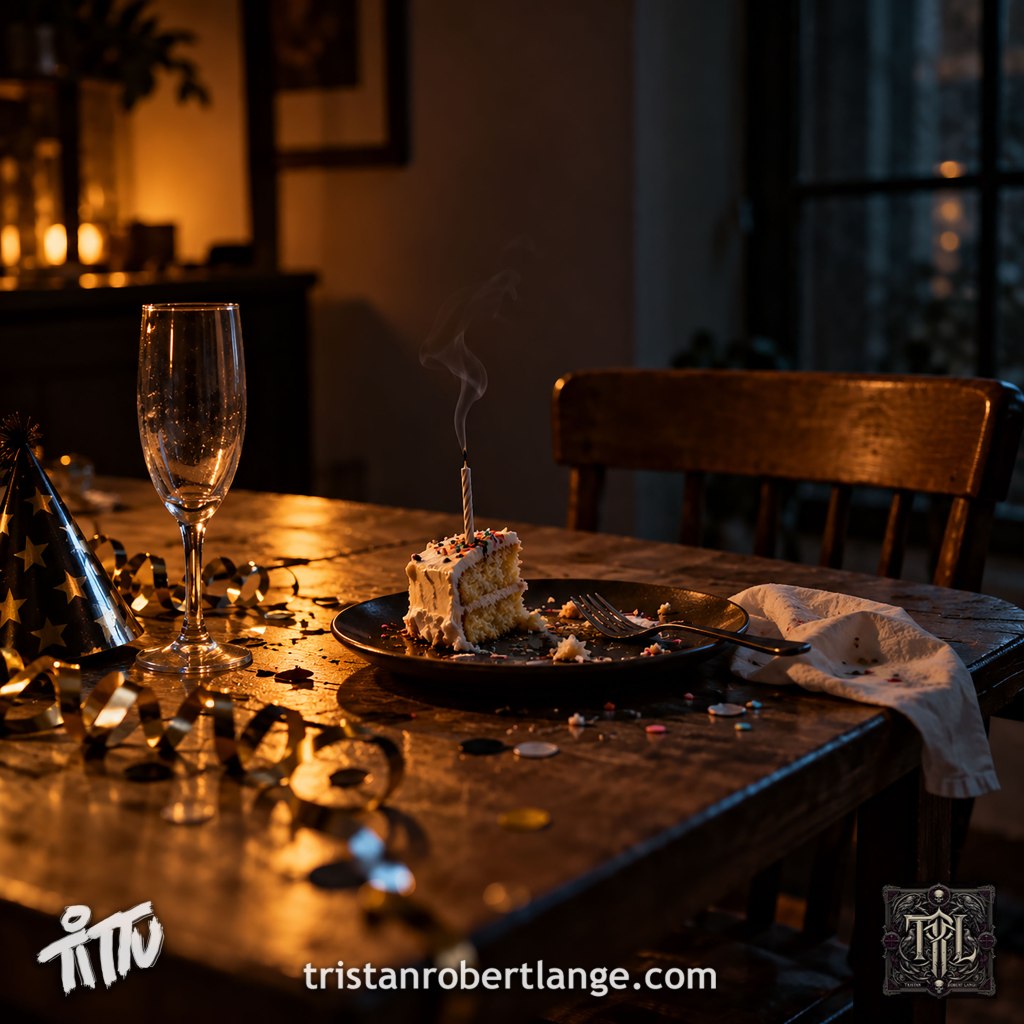 Poem image: A dim, cinematic room after a celebration. A half-eaten slice of cake with an extinguished, smoking candle sits on a messy wooden table beside an empty champagne flute, party hat, ribbons, confetti, and a lone empty chair. Warm amber light contrasts with the dark blue window beyond. Tristan Robert Lange branding appears along the bottom.