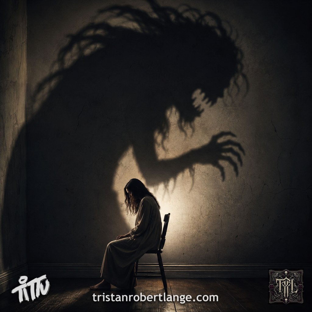 A dark square image shows a woman sitting hunched on a wooden chair in a dim room. Behind her, light casts an enormous monstrous shadow with a gaping mouth and clawed hand across the wall. Tittu and TRL logos appear at the bottom with tristanrobertlange.com.