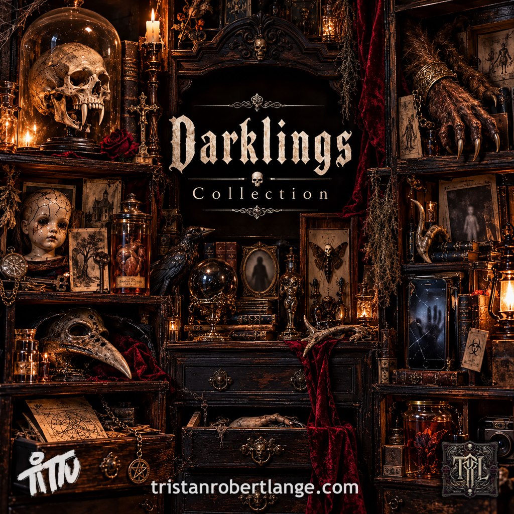 An elaborate gothic cabinet of curiosities filled with old and modern horror artifacts. A fanged vampire skull rests beneath glass beside candles and antique books; a large clawed, fur-covered hand occupies an upper shelf. Other curiosities include a cracked porcelain doll, raven, plague-doctor mask, anatomical specimens, moths, occult papers, photographs, bottles, bones, a crystal ball, and a cracked smartphone displaying an eerie figure. Ornate ivory lettering at the center reads “Darklings Collection.” Tittu, TRL, and tristanrobertlange.com branding appear along the bottom.