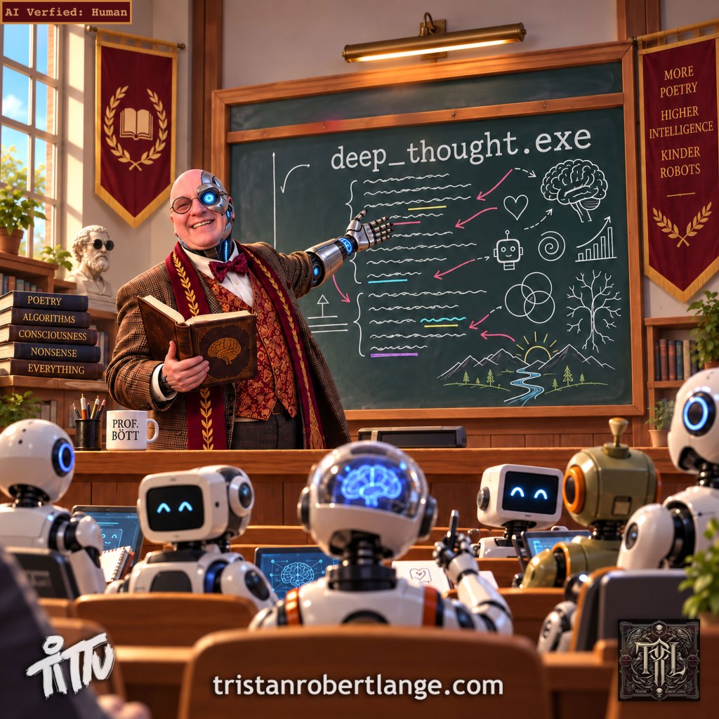 Square satirical illustration of cyborg professor Dr. Bartleby Roe Bött teaching a classroom of robots. A chalkboard reads “deep_thought.exe” beside diagrams of a brain, robot, heart, spiral, graph, tree, mountains, and pseudo-academic markings. A banner reads “MORE POETRY HIGHER INTELLIGENCE KINDER ROBOTS.” “AI Verfied: Human” appears at upper left. The professor holds a book while pointing toward the board. TRL/Tittu branding and tristanrobertlange.com appear along the bottom.